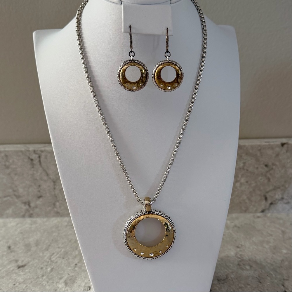 Gold and Silver Circle of Love Pendant, Necklace and Pierced Earring Set